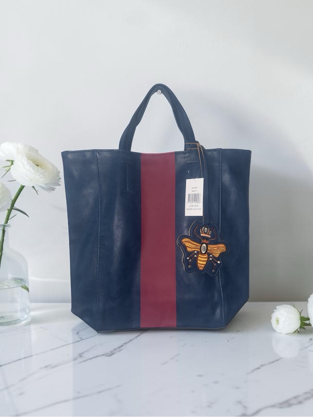 Saks Fifth Avenue Navy & Burgundy Stripe PU 
Leather Tote with Bee Charm NWt